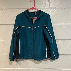 SJB Active Teal Black White Petite Large Hooded Zip Jacket Windbreaker